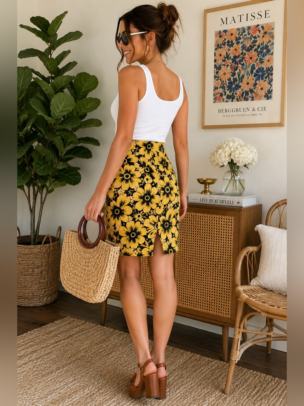 J.Crew Floral Pencil Skirt Size 8 Yellow Black Retro Print